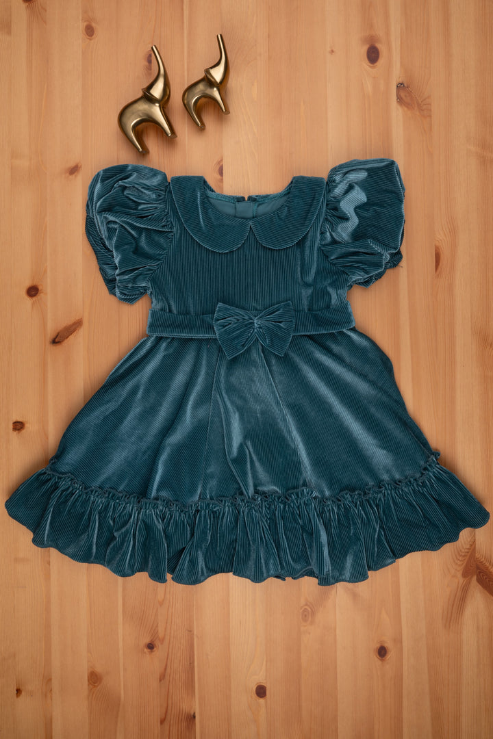 The Nesavu Frocks & Dresses Sea Green Velvet Baby Girl Frock - Flared Sleeves & Bow Applique Nesavu Baby Frock for Girls | Girls Designer Frock | The Nesavu