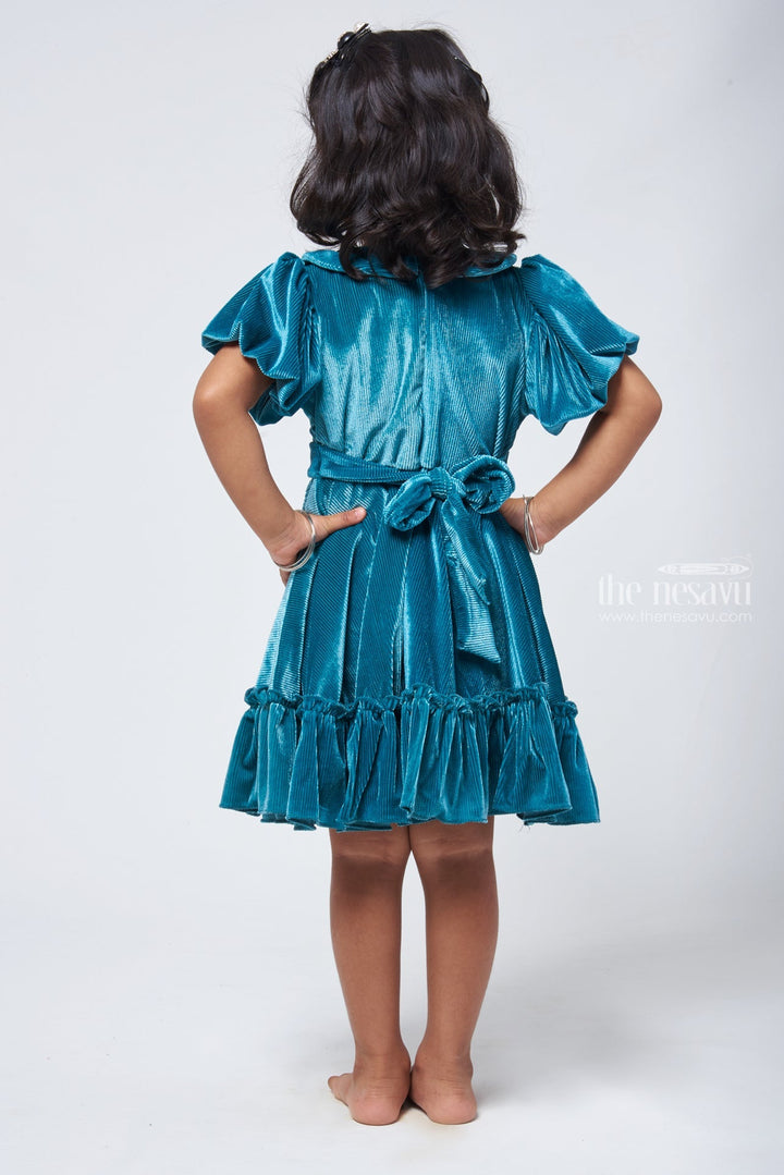 The Nesavu Frocks & Dresses Sea Green Velvet Baby Girl Frock - Flared Sleeves & Bow Applique Nesavu Baby Frock for Girls | Girls Designer Frock | The Nesavu