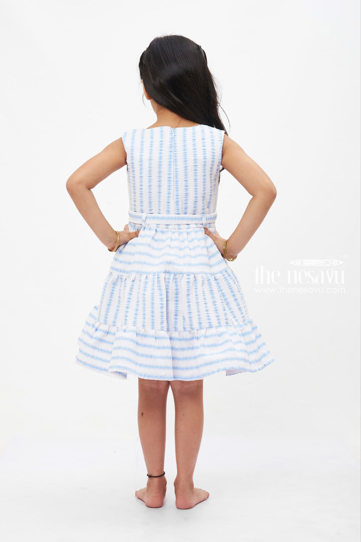 The Nesavu Girls Fancy Frock Seaside Serenity Striped Cotton Dress: Refreshing Blue and White with Tie Waist for Girls Nesavu Girls' Blue Stripe Cotton Summer Dress | Casual Chic Frock for Kids | The Nesavu