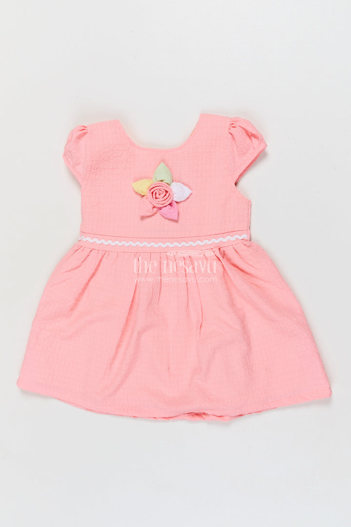 The Nesavu Girls Cotton Frock Seersucker Cotton Frock for Baby Girls’ Day-out Essentials Nesavu 14 (6M) / Peach / Cotton BFJ918B-14 Nesavu baby girl seersucker frock with flower applique and puff sleeves for casual outings