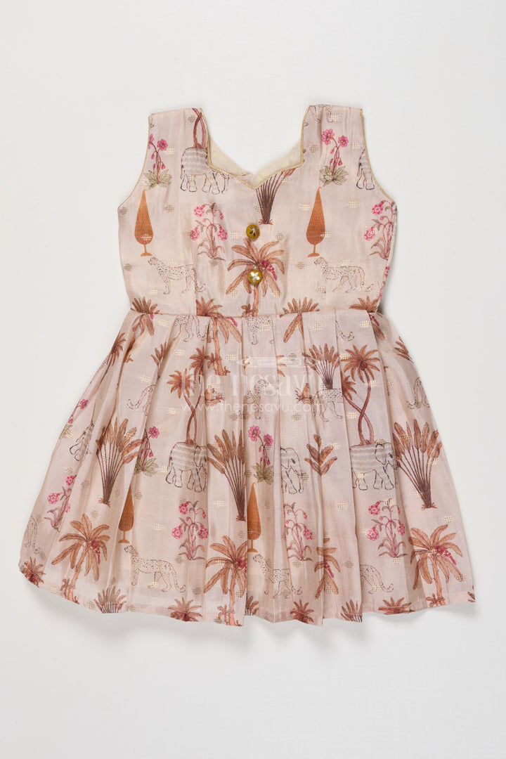 The Nesavu Silk Frock Semi Banaras Silk Frock for Baby Girl for Birthdays and Festive Photoshoots Nesavu 18 (2Y) / Cream SF1067B-18 Nesavu semi banaras silk frock for baby girl with jungle print for birthday and festive wear