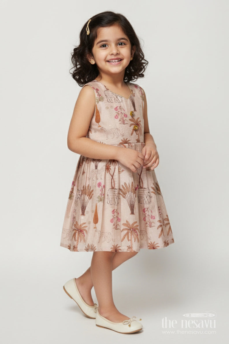 The Nesavu Silk Frock Semi Banaras Silk Frock for Baby Girl for Birthdays and Festive Photoshoots Nesavu 18 (2Y) / Cream SF1067B-18 Nesavu semi banaras silk frock for baby girl with jungle print for birthday and festive wear