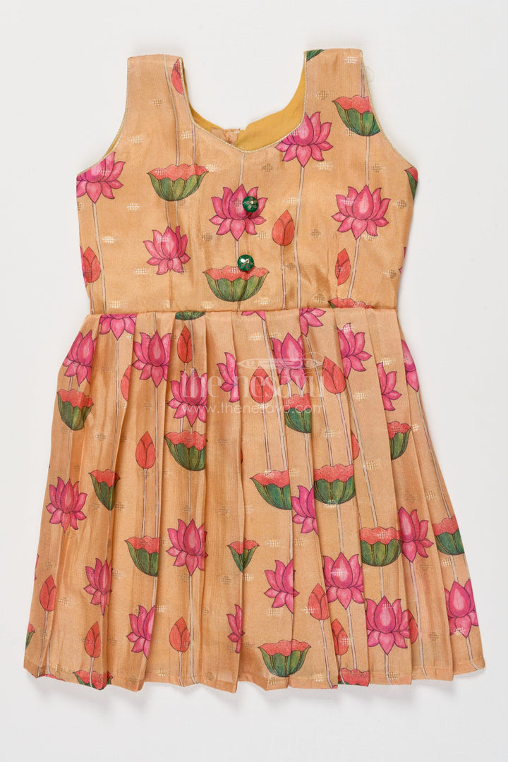 The Nesavu Silk Frock Semi Banaras Silk Frock for Baby Girl for Cultural Events and Ethnic School Day Nesavu 18 (2Y) / Yellow SF1092B-18 Nesavu semi banaras silk frock with lotus digital print for baby girls for ethnic school day