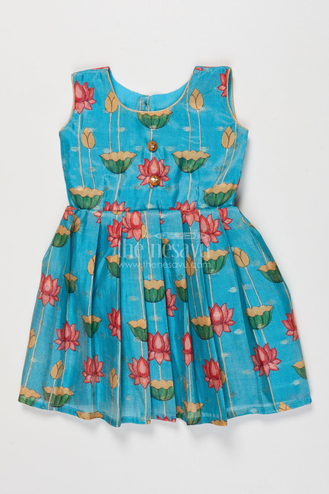 The Nesavu Silk Frock Semi Banaras Silk Frock for Girls for Temple Visits and Ethnic School Days Nesavu 18 (2Y) / Blue SF1092A-18 Nesavu girls semi banaras silk frock with lotus digital print for poojas and ethnic day at school