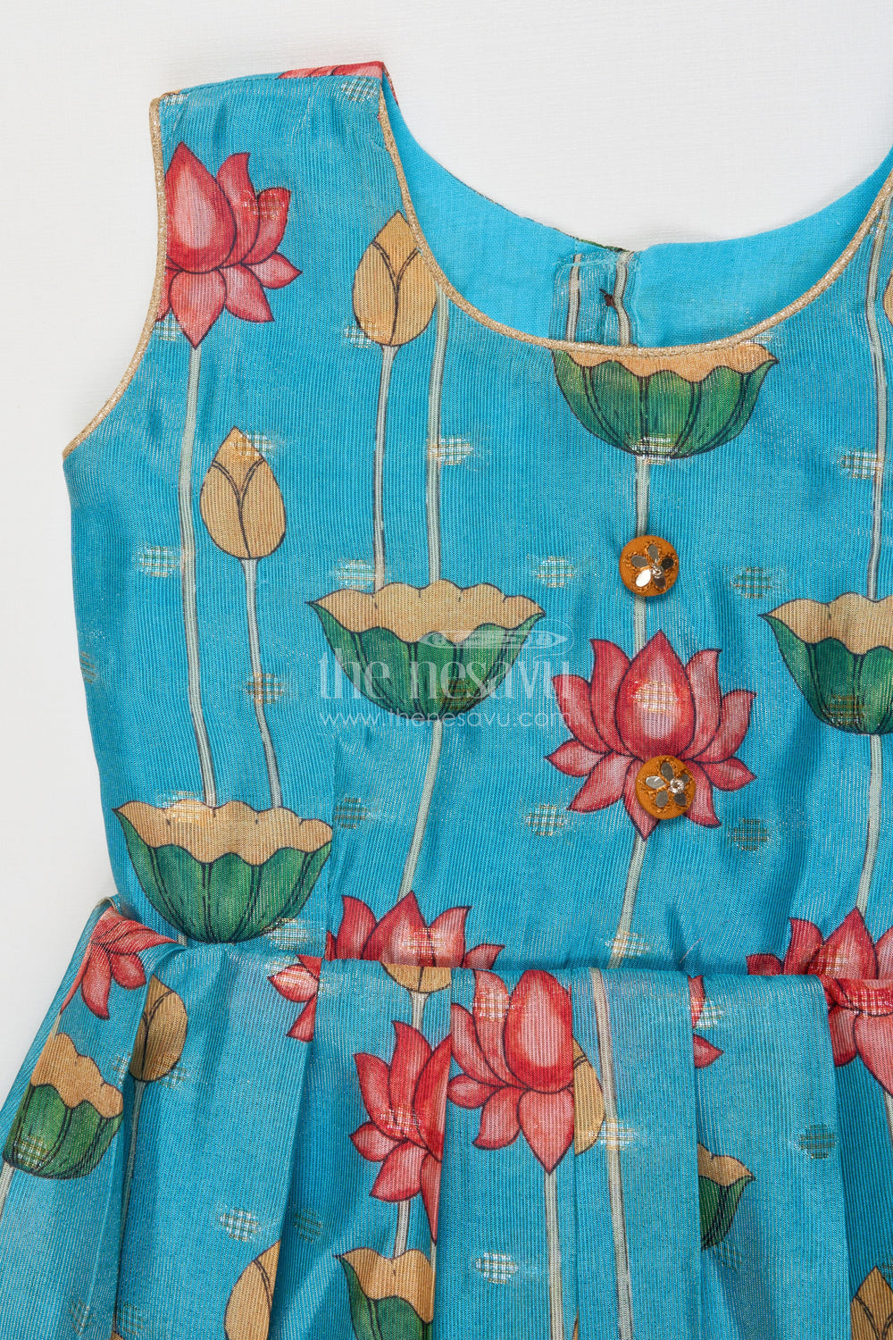 The Nesavu Silk Frock Semi Banaras Silk Frock for Girls for Temple Visits and Ethnic School Days Nesavu Nesavu girls semi banaras silk frock with lotus digital print for poojas and ethnic day at school