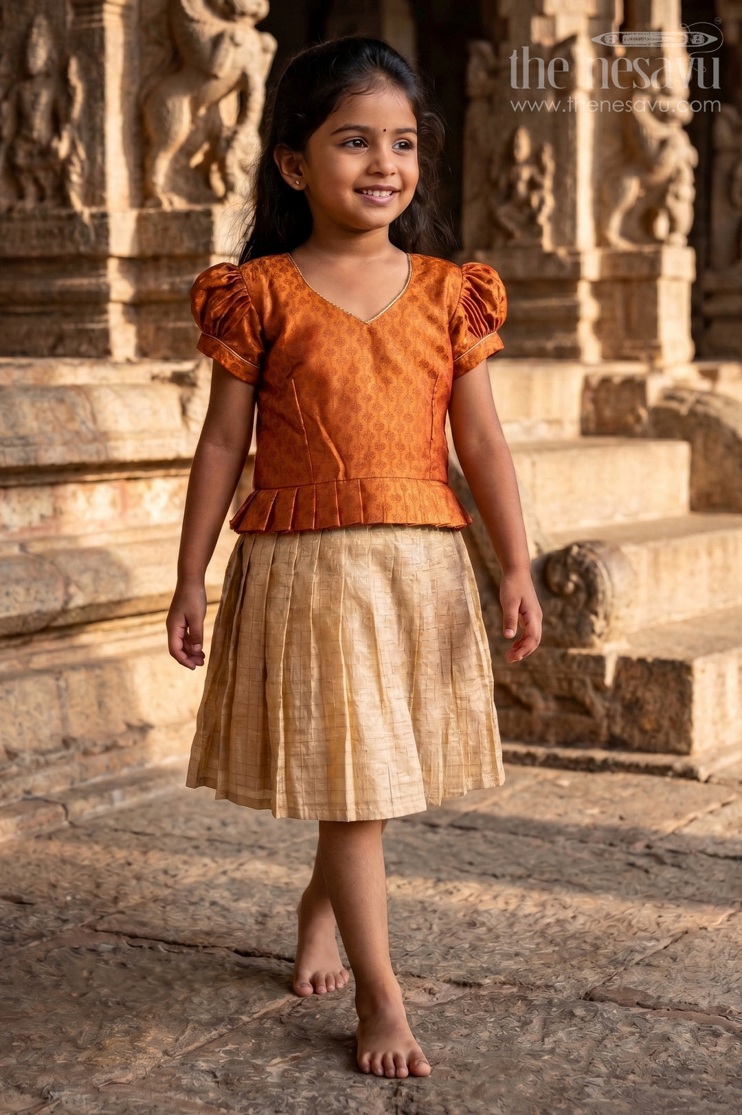 The Nesavu Silk Frock Semi Banarasi Silk Frock for Toddler Girls with Flared Tissue Bottom Nesavu 20 (3Y) / Brown SF1062A-20 Nesavu semi Banarasi silk frock toddler girls tissue flare festive occasions