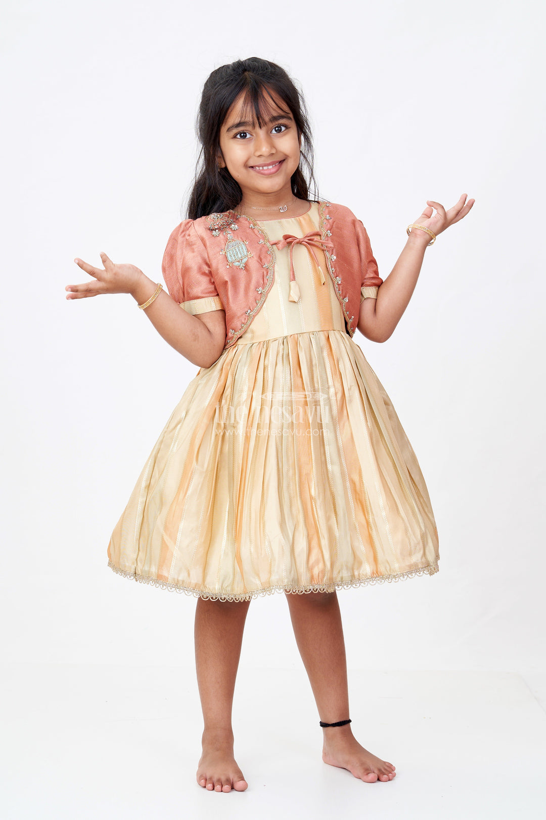 The Nesavu Silk Party Frock Semi Organza Tissue Embellished Gold Party Frock for Girls – Luxurious Festive Attire Nesavu 16 (1Y) / Gold SF921B-16 Girls Semi Organza Tissue Party Frock Gold Bolero Jacket Luxurious Festive Attire Nesavu