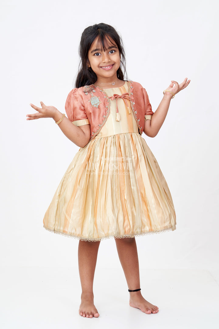 The Nesavu Silk Party Frock Semi Organza Tissue Embellished Gold Party Frock for Girls – Luxurious Festive Attire Nesavu 16 (1Y) / Gold SF921B-16 Girls Semi Organza Tissue Party Frock Gold Bolero Jacket Luxurious Festive Attire Nesavu