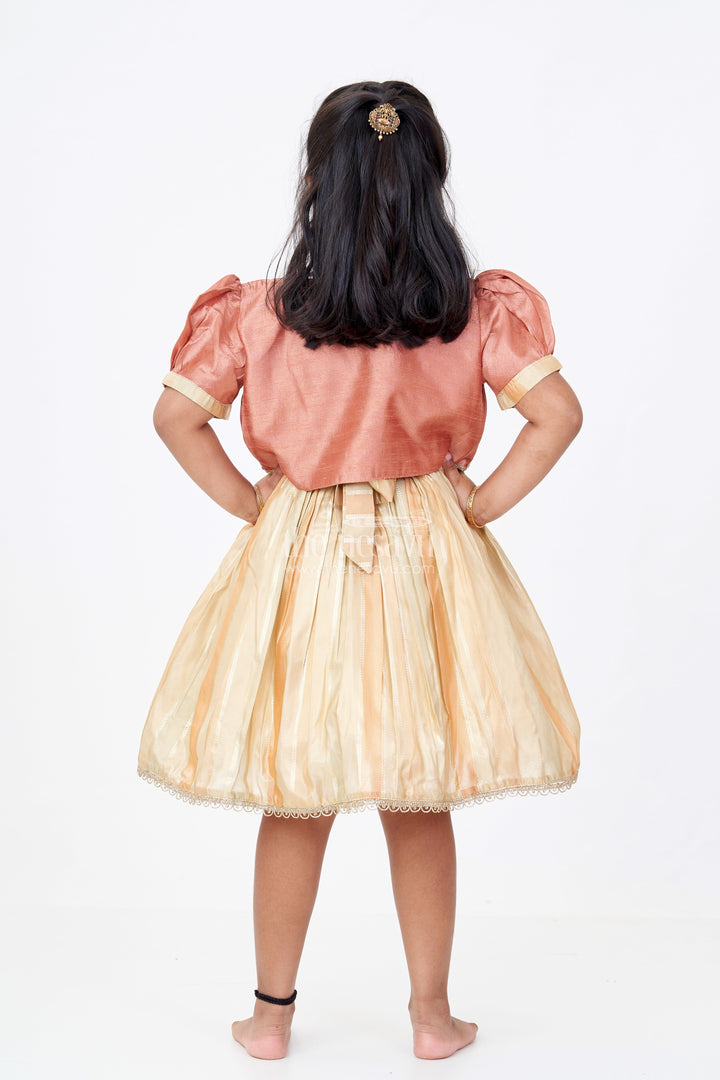 The Nesavu Silk Party Frock Semi Organza Tissue Embellished Gold Party Frock for Girls – Luxurious Festive Attire Nesavu Girls Semi Organza Tissue Party Frock Gold Bolero Jacket Luxurious Festive Attire Nesavu