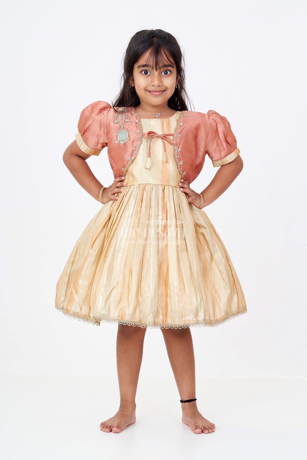 The Nesavu Silk Party Frock Semi Organza Tissue Embellished Gold Party Frock for Girls – Luxurious Festive Attire Nesavu Girls Semi Organza Tissue Party Frock Gold Bolero Jacket Luxurious Festive Attire Nesavu