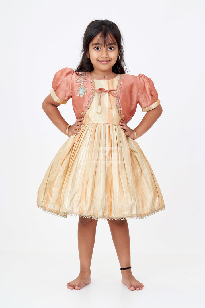 The Nesavu Silk Party Frock Semi Organza Tissue Embellished Gold Party Frock for Girls – Luxurious Festive Attire Nesavu Girls Semi Organza Tissue Party Frock Gold Bolero Jacket Luxurious Festive Attire Nesavu