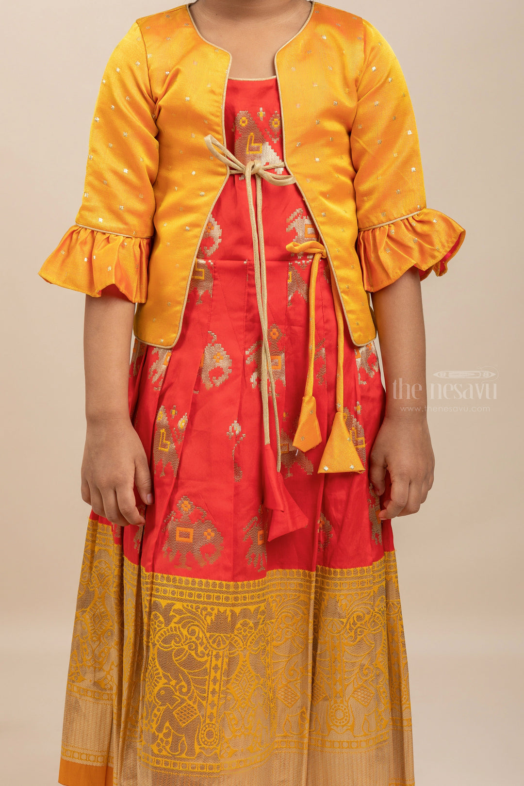 The Nesavu Silk Gown Semi Silk Patola Jacquard Frock with Jacket Nesavu 16 (1Y) / Yellow GA095A-16