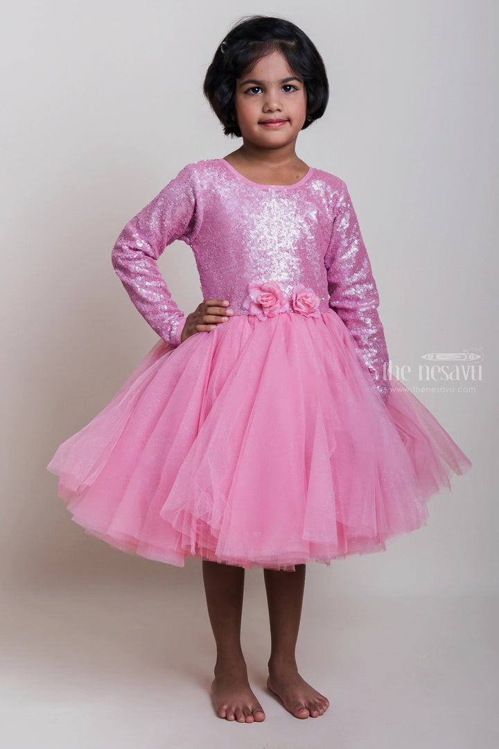 The Nesavu Girls Tutu Frock Sequenced Pink Netted Party Frock With Embellishment For Girls Nesavu 16 (1Y) / Pink PF97B-16 Latest Pink Party Net Frock For Girls | Festive Wear Gowns 2023 | The Nesavu