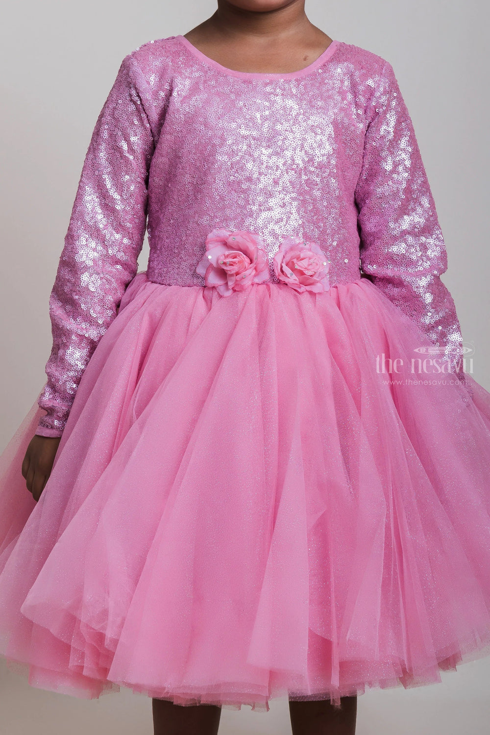 The Nesavu Girls Tutu Frock Sequenced Pink Netted Party Frock With Embellishment For Girls Nesavu Latest Pink Party Net Frock For Girls | Festive Wear Gowns 2023 | The Nesavu