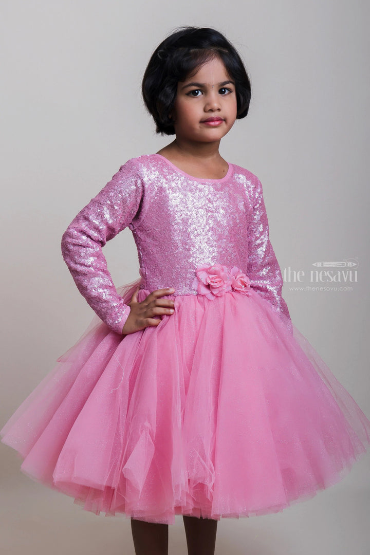 The Nesavu Girls Tutu Frock Sequenced Pink Netted Party Frock With Embellishment For Girls Nesavu Latest Pink Party Net Frock For Girls | Festive Wear Gowns 2023 | The Nesavu