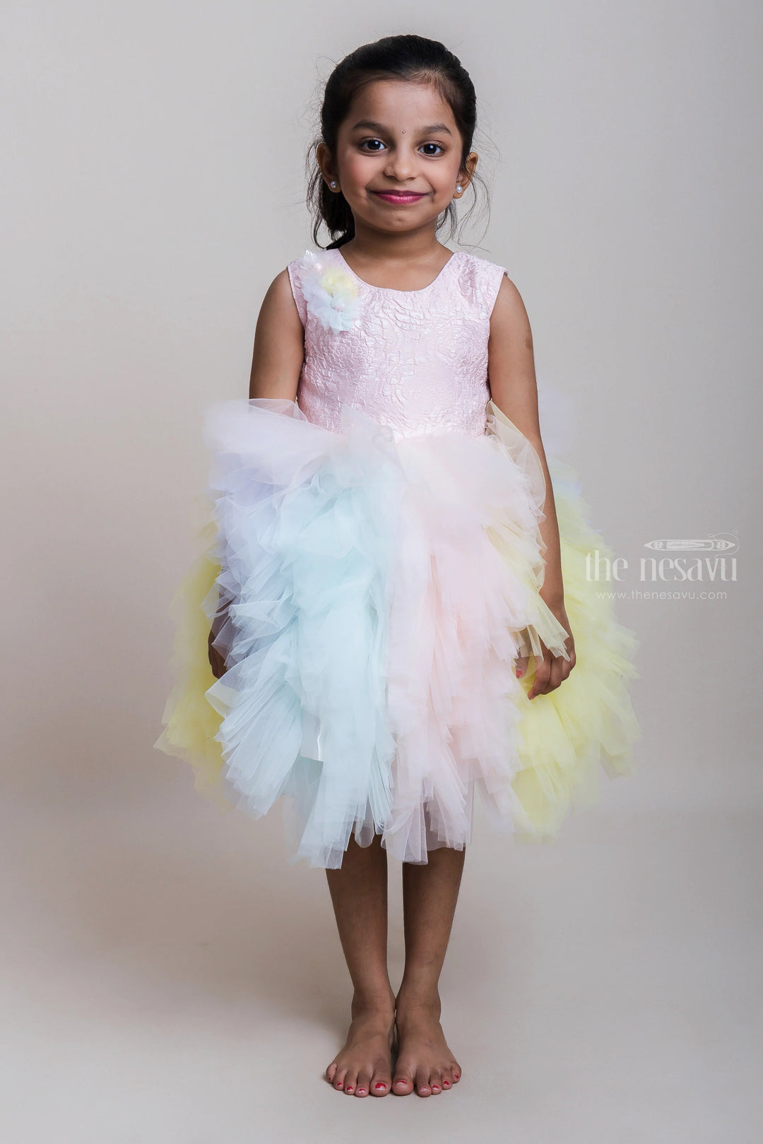 The Nesavu Girls Tutu Frock Sequenced Pink Yoke And Full-Ruffled Frock For Little Girls Nesavu 16 (1Y) / multicolor PF100A-16 Multi-Coloured Net Frocks Collection| Trending Collection| The Nesavu