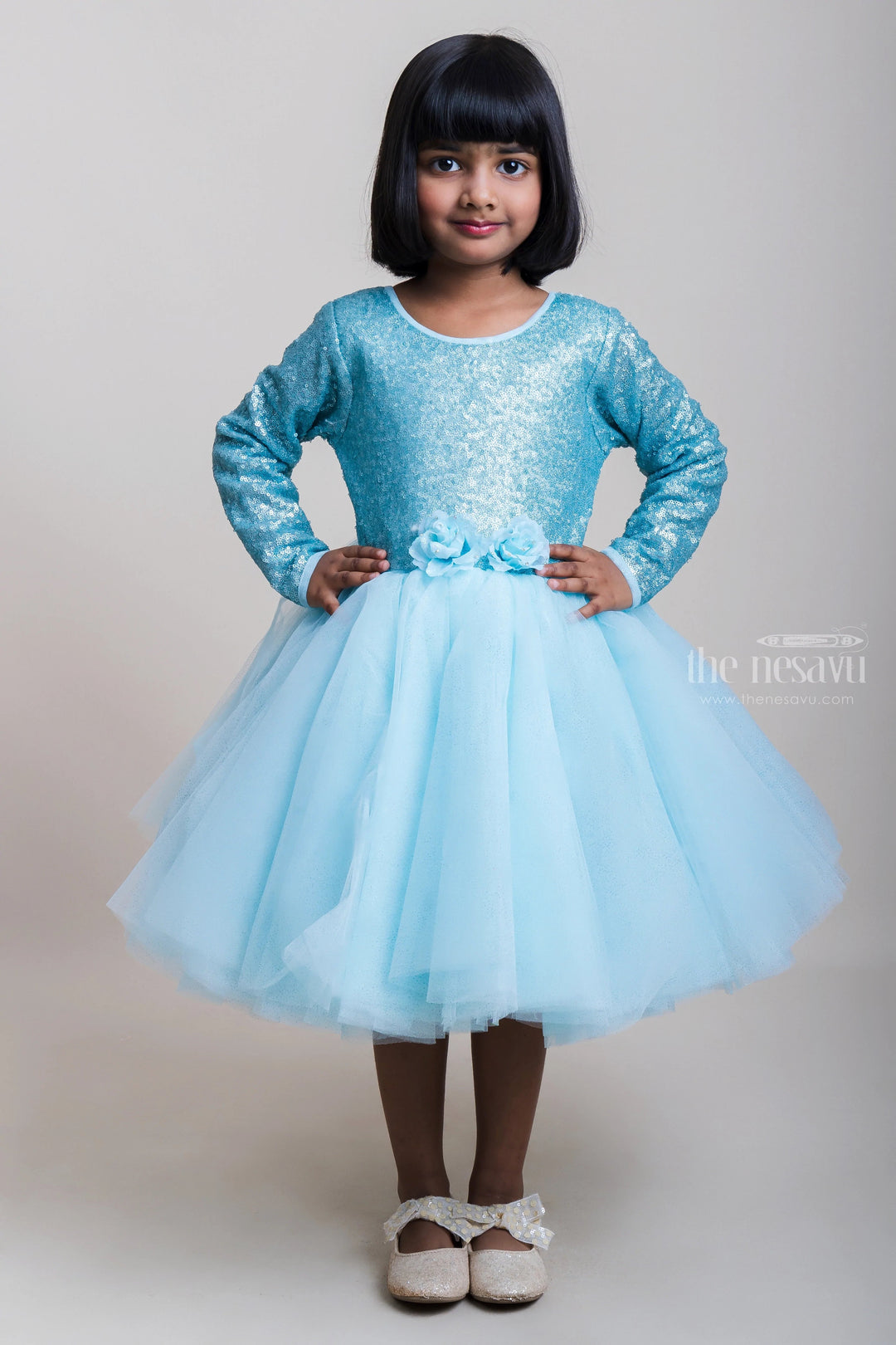 The Nesavu Girls Tutu Frock Sequenced Teal Blue Net Party Frock With Embellishment For Girls Nesavu 16 (1Y) / Blue PF97A-16 Party Wear Gown Collection 2023 | Festive Wear Frocks | The Nesavu