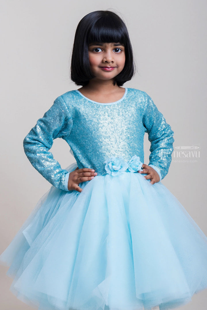 The Nesavu Girls Tutu Frock Sequenced Teal Blue Net Party Frock With Embellishment For Girls Nesavu Party Wear Gown Collection 2023 | Festive Wear Frocks | The Nesavu