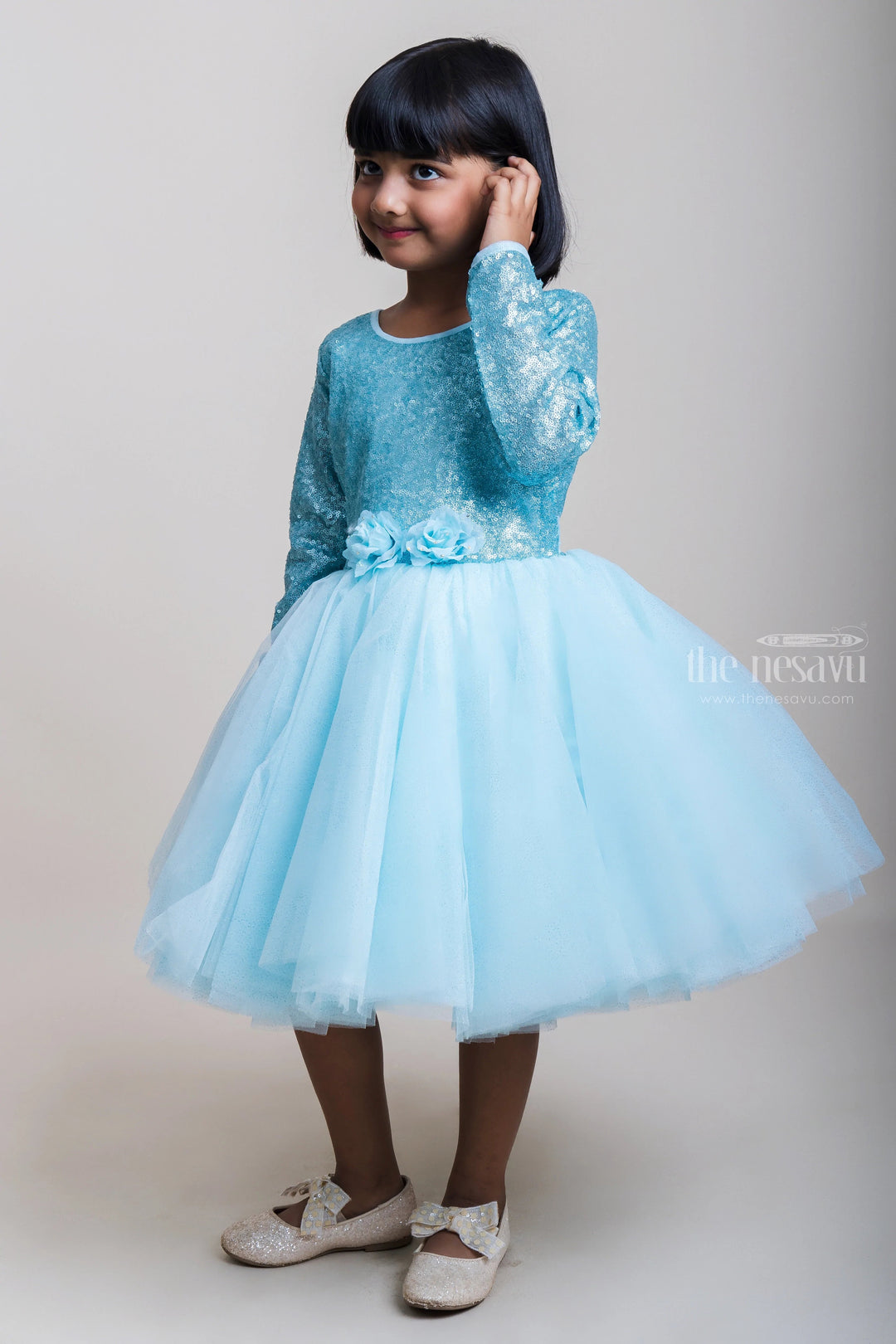 The Nesavu Girls Tutu Frock Sequenced Teal Blue Net Party Frock With Embellishment For Girls Nesavu Party Wear Gown Collection 2023 | Festive Wear Frocks | The Nesavu