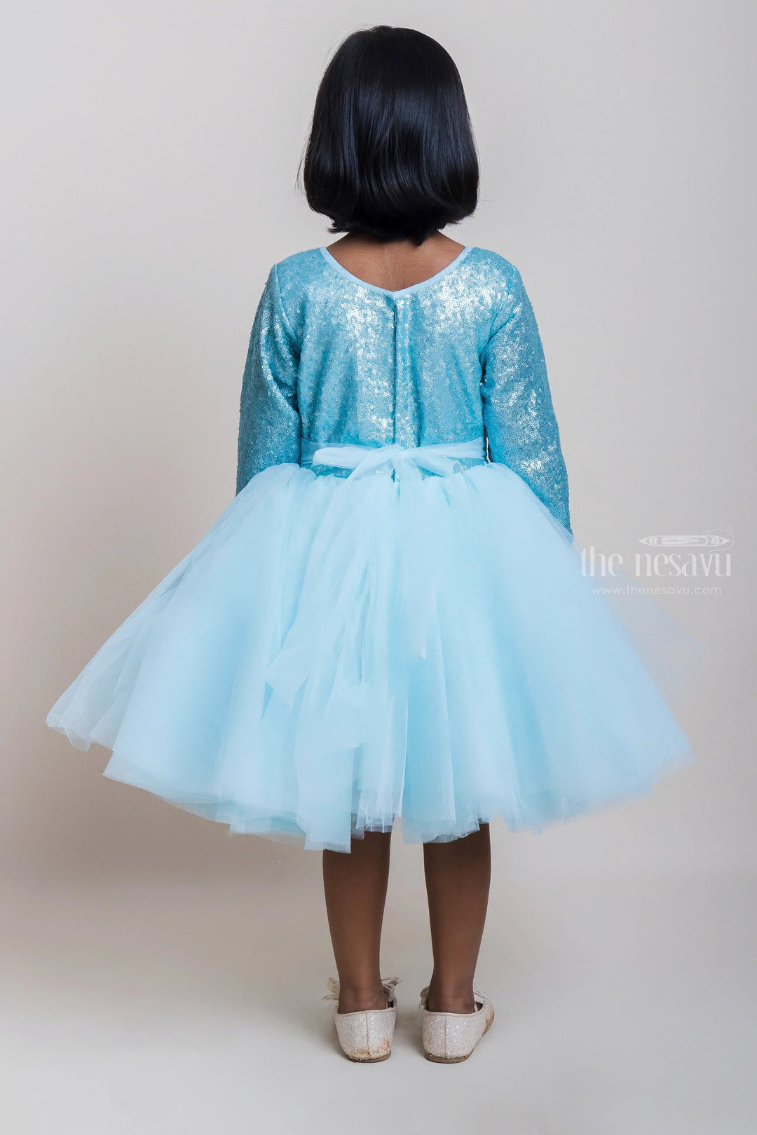 The Nesavu Girls Tutu Frock Sequenced Teal Blue Net Party Frock With Embellishment For Girls Nesavu Party Wear Gown Collection 2023 | Festive Wear Frocks | The Nesavu