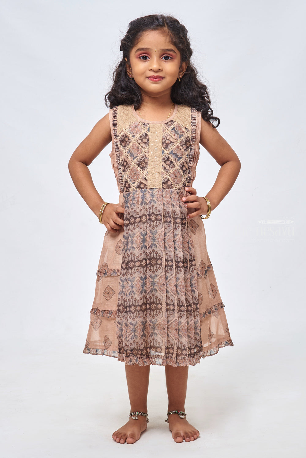 The Nesavu Girls Cotton Frock Sequin Embellished Beige Charm: Girls Cotton Frock Nesavu Cotton Frock 1 Year Baby | Cotton Daily Wear Frocks | the Nesavu