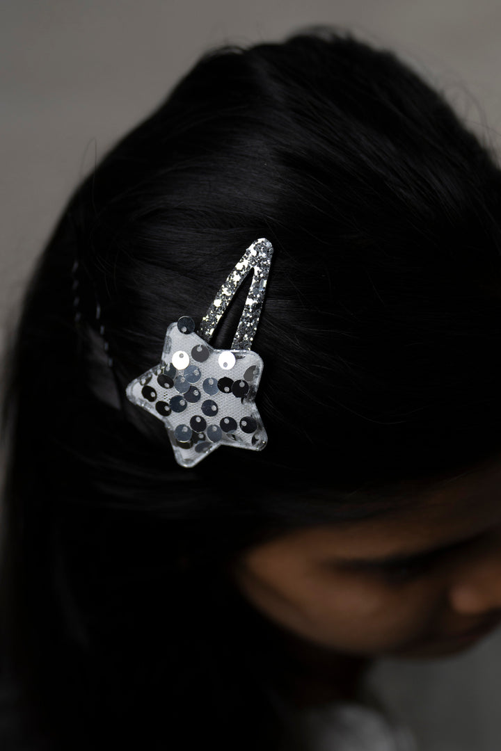 The Nesavu Tick Tac Clip Sequin Embellished Star Hair Clip Nesavu White JHTT03C Sparkling Star Sequin Hair Clip | Playful Shimmer Accessory | The Nesavu