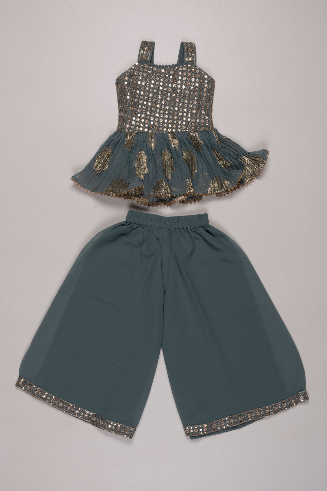 The Nesavu Girls Sharara / Plazo Set Sequin-Embroidered Green Kurti with Palazzo Pant Set for Girls Nesavu 16 (1Y) / Green GPS275A-16 Green Sequin Kurti & Palazzo Set for Girls | Luxurious Festive Wear | The Nesavu