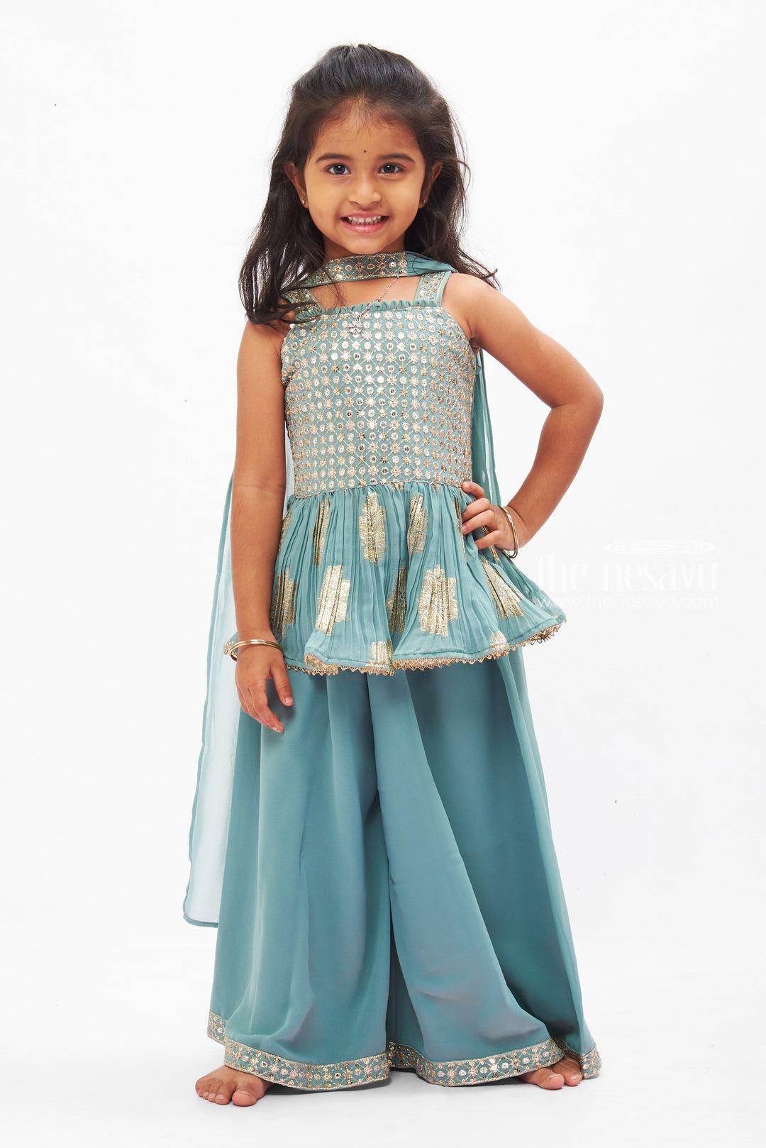 The Nesavu Girls Sharara / Plazo Set Sequin-Embroidered Green Kurti with Palazzo Pant Set for Girls Nesavu 16 (1Y) / Green GPS275A-16 Green Sequin Kurti & Palazzo Set for Girls | Luxurious Festive Wear | The Nesavu