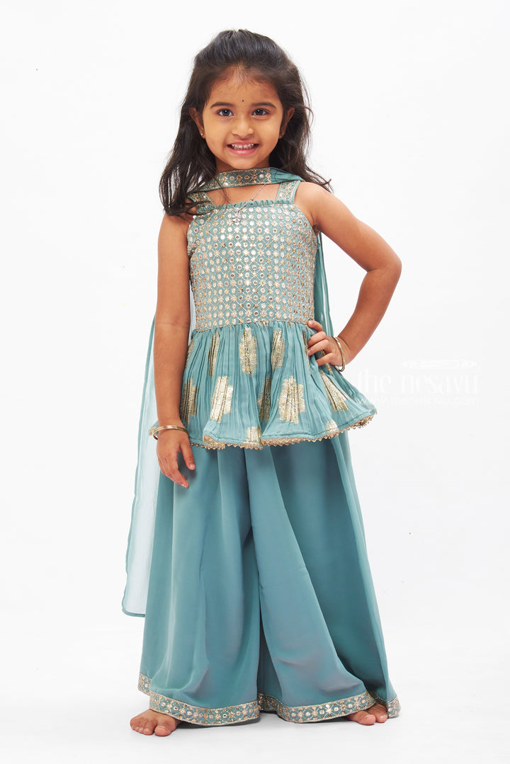 The Nesavu Girls Sharara / Plazo Set Sequin-Embroidered Green Kurti with Palazzo Pant Set for Girls Nesavu 16 (1Y) / Green GPS275A-16 Green Sequin Kurti & Palazzo Set for Girls | Luxurious Festive Wear | The Nesavu