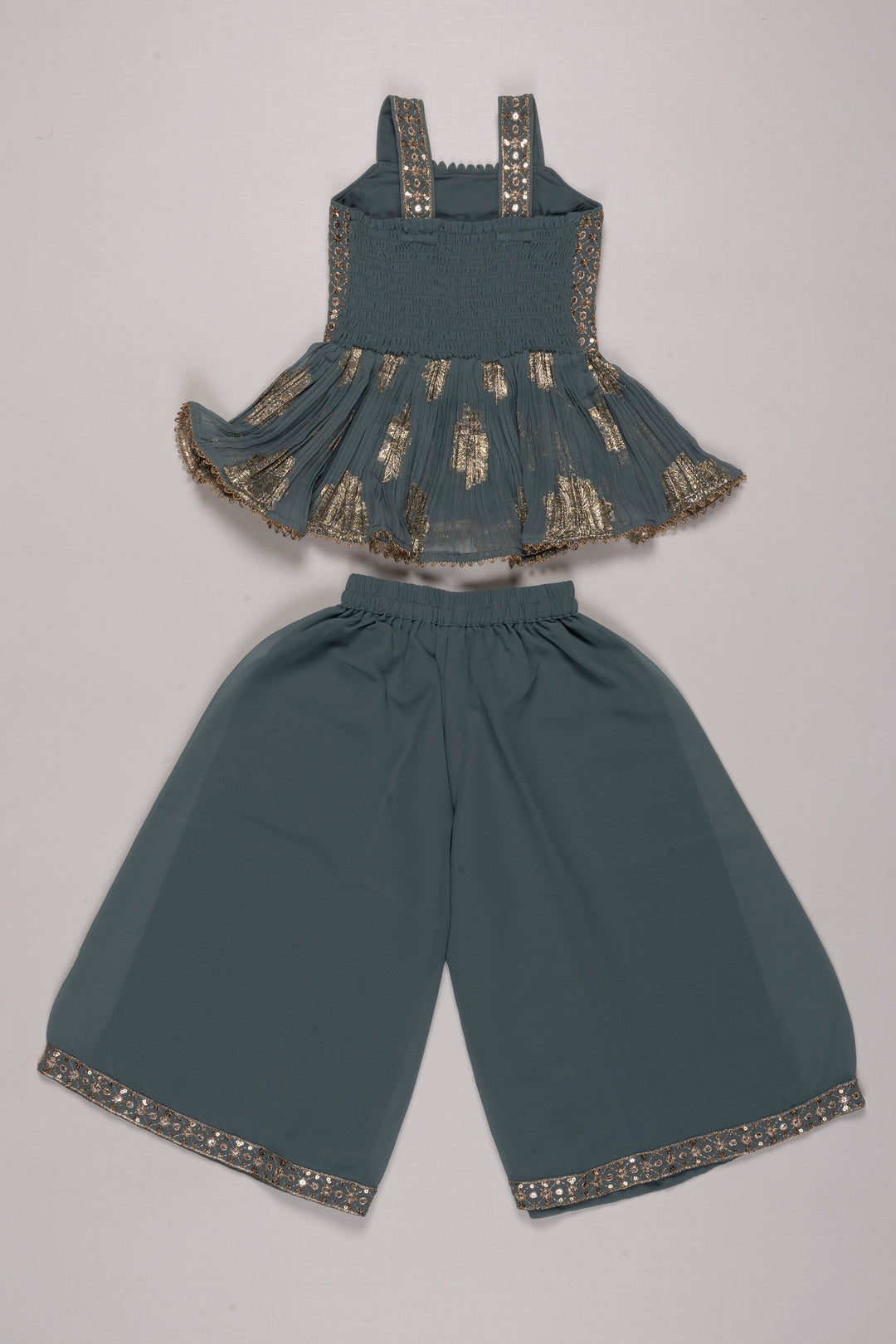 The Nesavu Girls Sharara / Plazo Set Sequin-Embroidered Green Kurti with Palazzo Pant Set for Girls Nesavu Green Sequin Kurti & Palazzo Set for Girls | Luxurious Festive Wear | The Nesavu