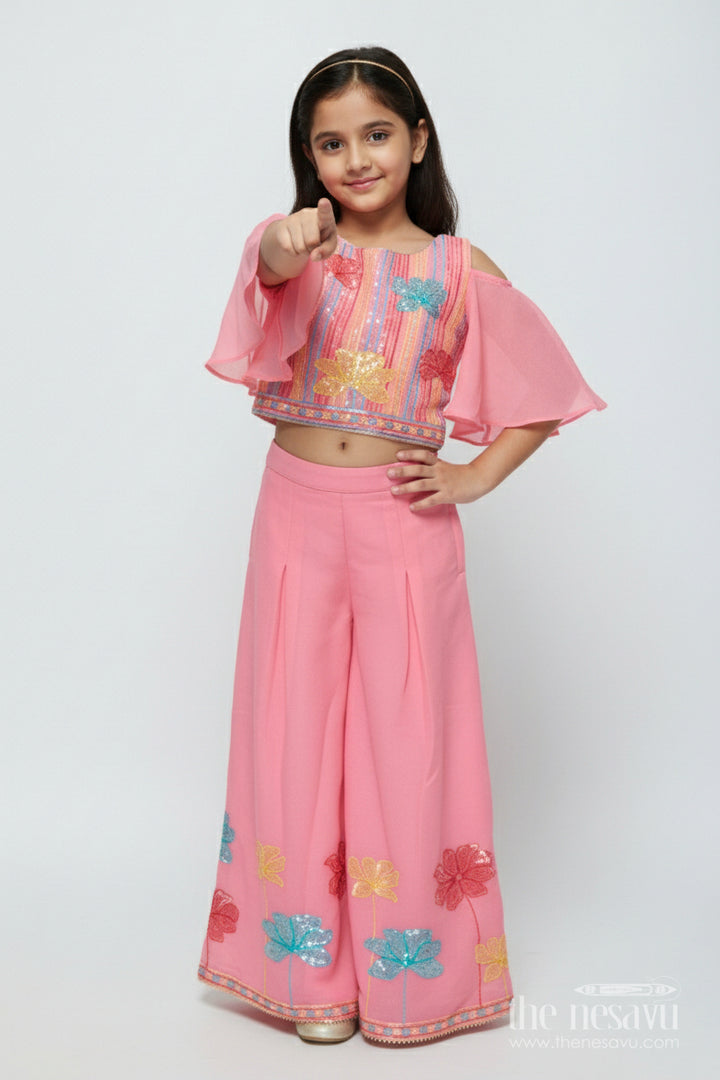 The Nesavu Girls Sharara / Plazo Set Sequinned Georgette Sharara Set for Girls with Dupatta Perfect for Weddings and Cultural Events Nesavu 22 (4Y) / Peach GPS696B-22 Nesavu girls georgette sharara set sequin embroidery dupatta festive ethnic wear