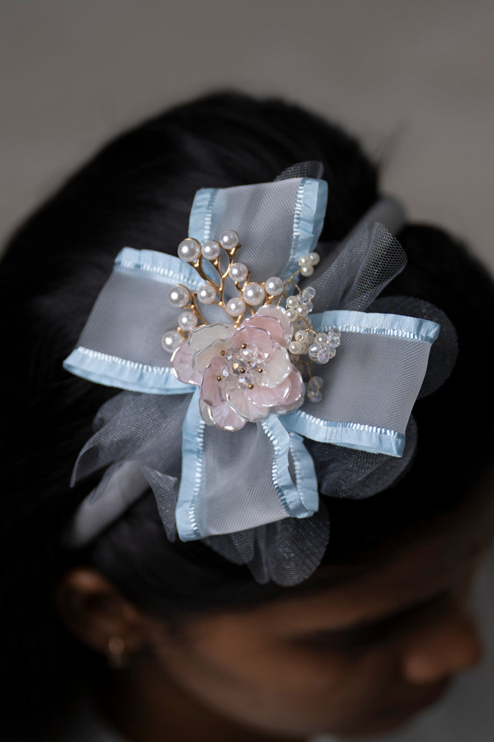 The Nesavu Hair Band Serene Blue Pearl-Embellished Floral Hairbow with Tulle Overlay Nesavu Blue JHB77C Blue and Pink Floral Hairbow with Pearls | Elegant Tulle and Satin Hair Accessory | The Nesavu