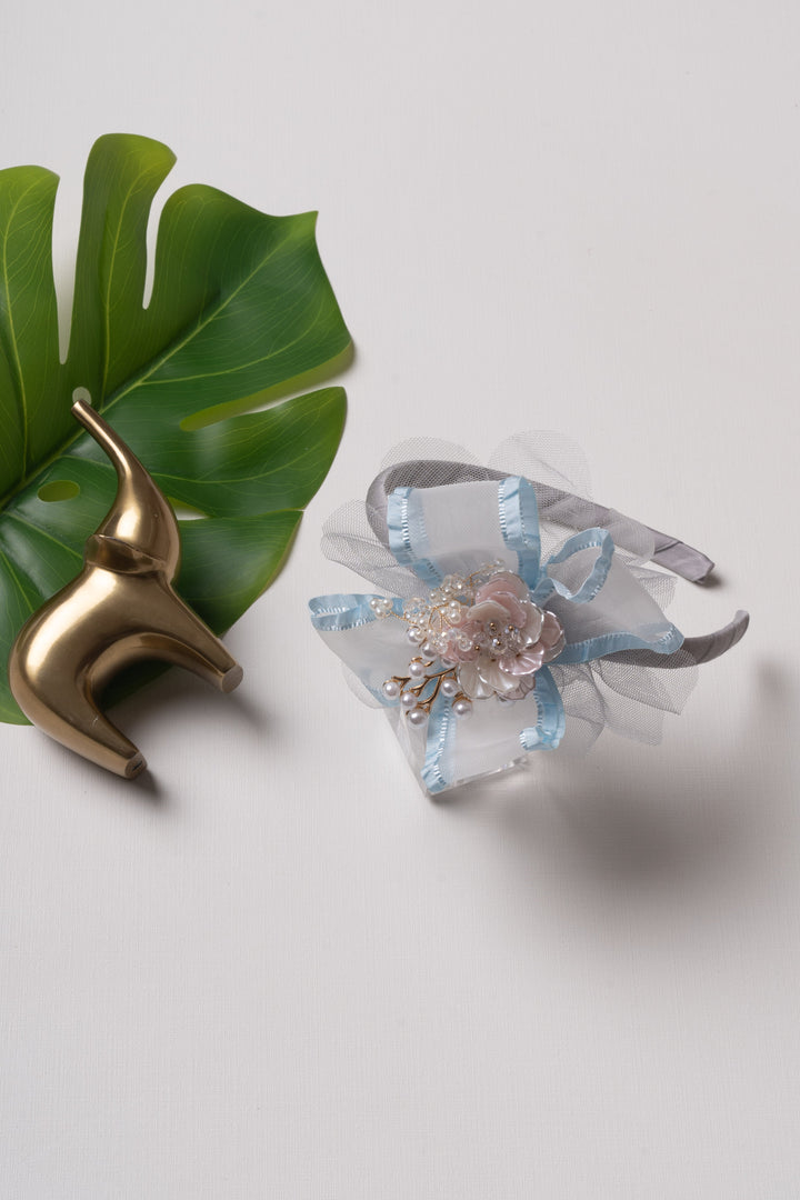 The Nesavu Hair Band Serene Blue Pearl-Embellished Floral Hairbow with Tulle Overlay Nesavu Blue JHB77C Blue and Pink Floral Hairbow with Pearls | Elegant Tulle and Satin Hair Accessory | The Nesavu