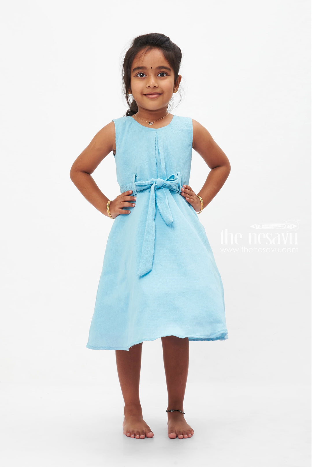 The Nesavu Girls Fancy Frock Serene Sky Blue Cotton Dress: Graceful Bow Accent for Girls Nesavu 18 (2Y) / Blue GFC1220C-18 Girls' Sky Blue Sleeveless Cotton Dress | Light Summer Style for Kids | The Nesavu