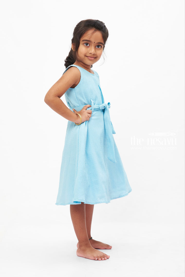 The Nesavu Girls Fancy Frock Serene Sky Blue Cotton Dress: Graceful Bow Accent for Girls Nesavu Girls' Sky Blue Sleeveless Cotton Dress | Light Summer Style for Kids | The Nesavu
