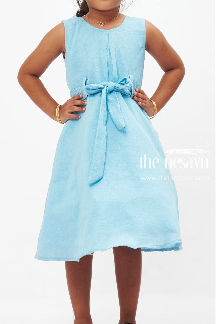 The Nesavu Girls Fancy Frock Serene Sky Blue Cotton Dress: Graceful Bow Accent for Girls Nesavu Girls' Sky Blue Sleeveless Cotton Dress | Light Summer Style for Kids | The Nesavu