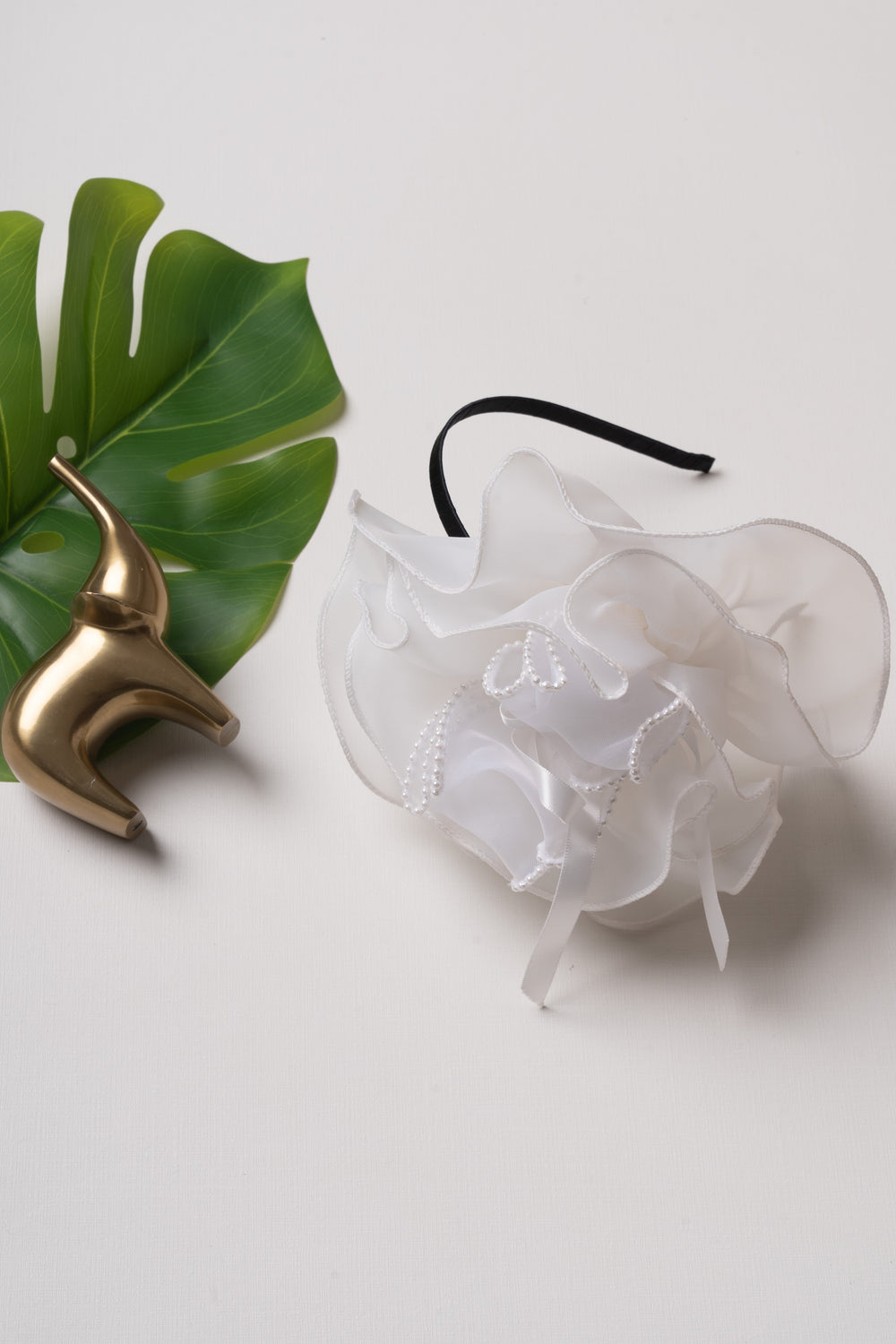 The Nesavu Hair Band Serene White Organza Blossom Hairband with Pearl Accents Nesavu White JHB82D Elegant White Organza Flower Hairband | Bridal and Special Occasion Accessory | The Nesavu