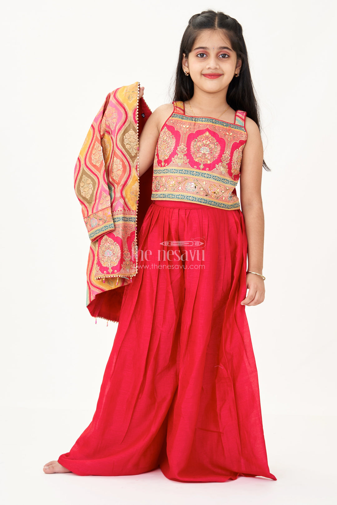 The Nesavu Girls Sharara / Plazo Set Sharara Designer Set in Pure Viscose Silk with Printed Jacket and Red Flared Pants Nesavu 28 (7Y) / Pink GPS577B-28 Nesavu Sharara Designer Set Girls Red Viscose Silk Digital Print Jacket Flared Pants