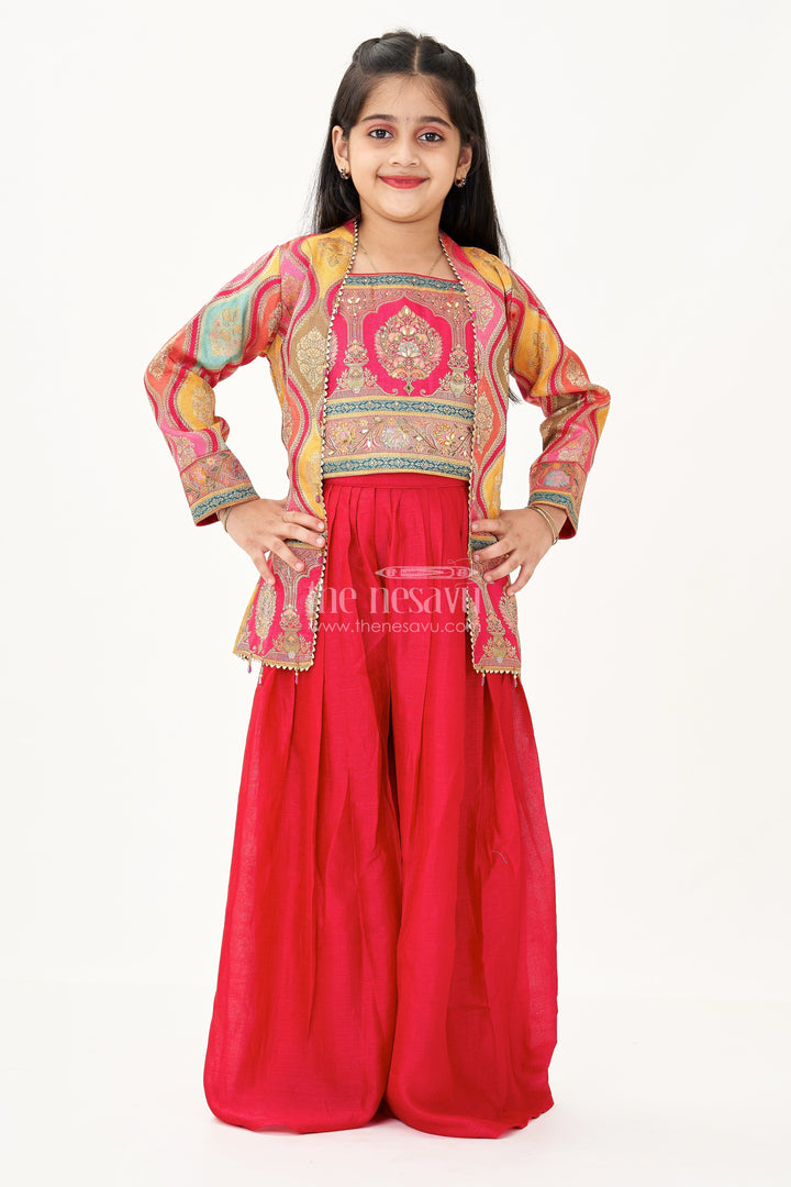 The Nesavu Girls Sharara / Plazo Set Sharara Designer Set in Pure Viscose Silk with Printed Jacket and Red Flared Pants Nesavu Nesavu Sharara Designer Set Girls Red Viscose Silk Digital Print Jacket Flared Pants