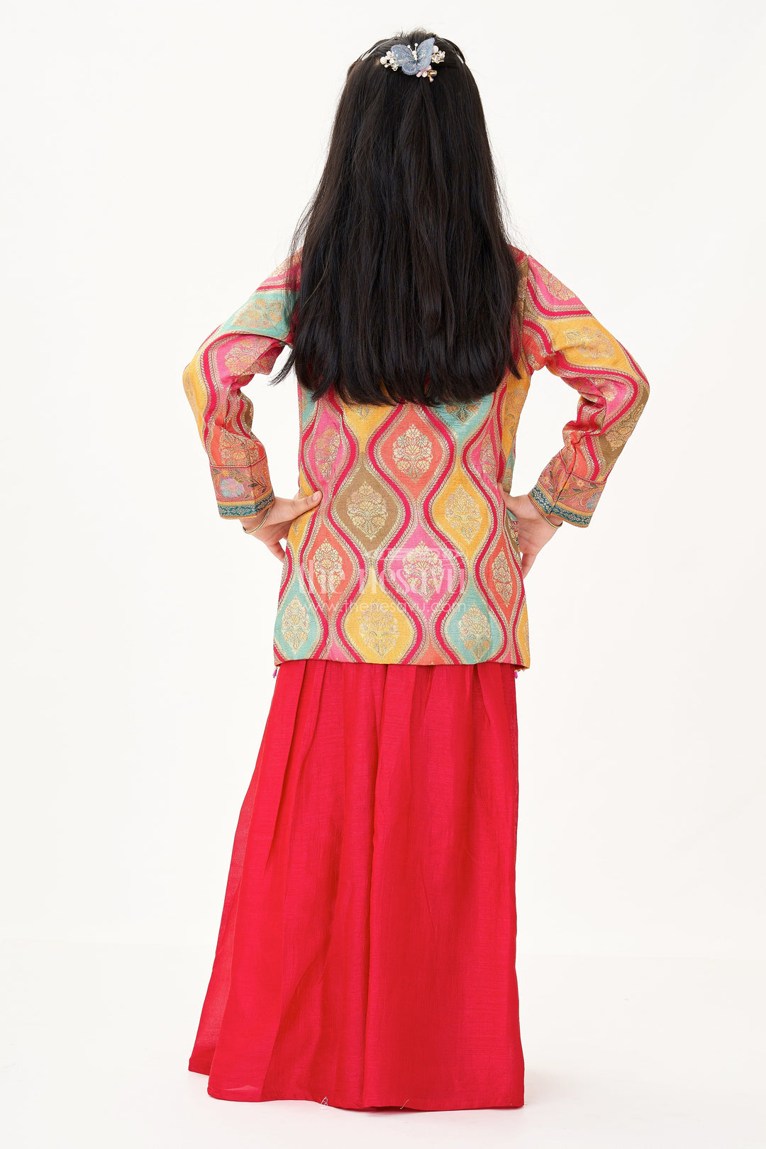 The Nesavu Girls Sharara / Plazo Set Sharara Designer Set in Pure Viscose Silk with Printed Jacket and Red Flared Pants Nesavu Nesavu Sharara Designer Set Girls Red Viscose Silk Digital Print Jacket Flared Pants