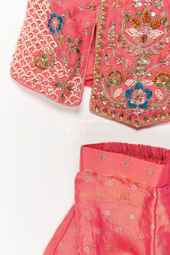 The Nesavu Girls Sharara / Plazo Set Sharara Dress for Girls in Peach with an Occasion Ready Finish Nesavu Nesavu Sharara Dress For Girls In Peach For Celebrations