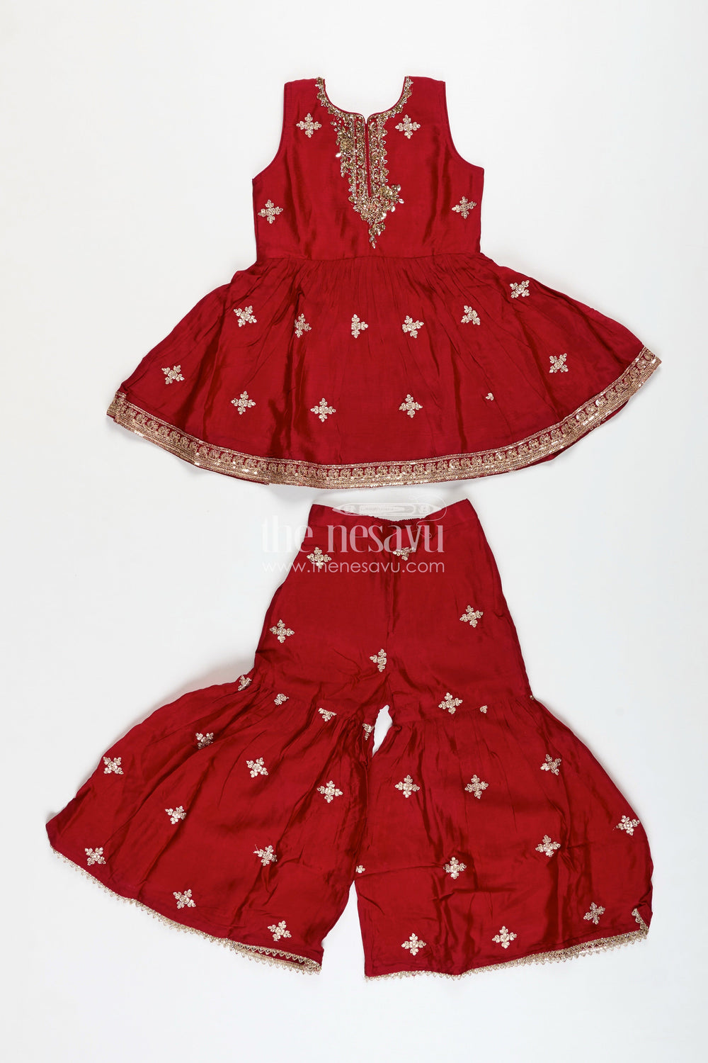The Nesavu Girls Sharara / Plazo Set Sharara Dress for Girls Wedding Wear with Dupatta Nesavu 16 (1Y) / Red GPS656A-16 Nesavu Maroon Kids Sharara Dress Georgette Zari Embroidery Floral Dupatta Traditional Weddings