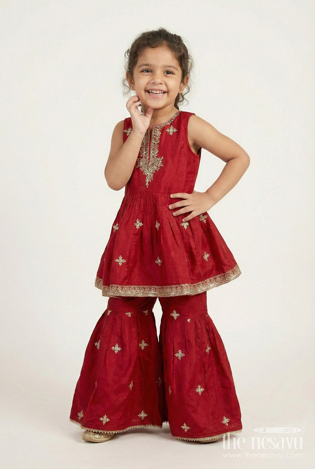The Nesavu Girls Sharara / Plazo Set Sharara Dress for Girls Wedding Wear with Dupatta Nesavu 16 (1Y) / Red GPS656A-16 Nesavu Maroon Kids Sharara Dress Georgette Zari Embroidery Floral Dupatta Traditional Weddings