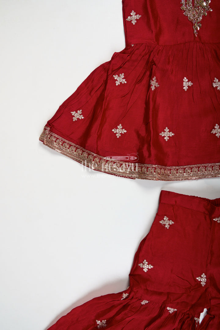 The Nesavu Girls Sharara / Plazo Set Sharara Dress For Girls Wedding Wear With Dupatta Nesavu Nesavu Maroon Kids Sharara Dress Georgette Zari Embroidery Floral Dupatta Traditional Weddings