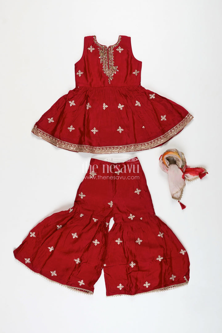 The Nesavu Girls Sharara / Plazo Set Sharara Dress for Girls Wedding Wear with Dupatta Nesavu Nesavu Maroon Kids Sharara Dress Georgette Zari Embroidery Floral Dupatta Traditional Weddings