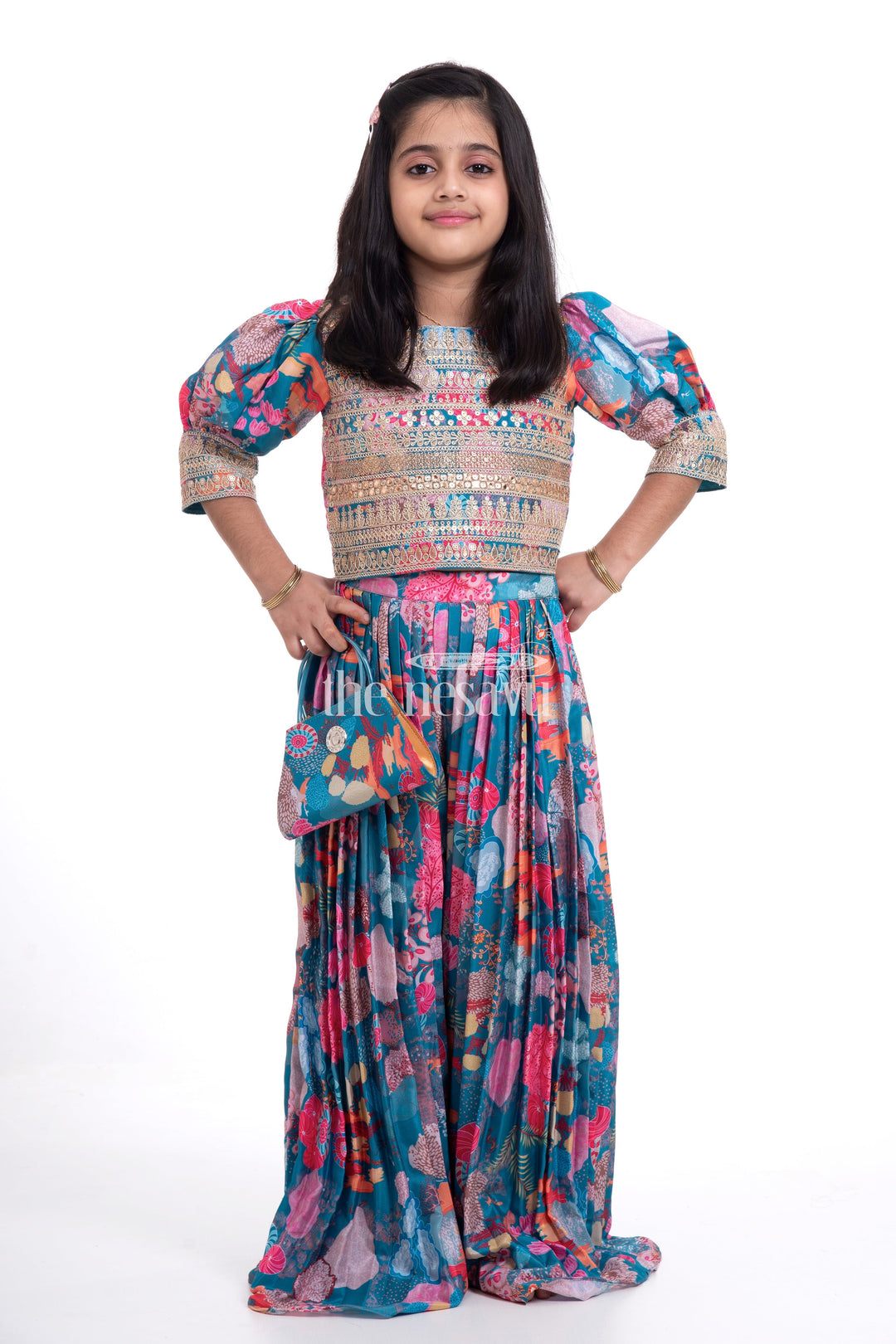 The Nesavu Girls Sharara / Plazo Set Sharara Gharara Set - Festive Wear for Girls Nesavu 24 (5Y) / multicolor GPS326A-24 Sharara Gharara Set for Girls - Embroidered Festive Wear Outfit