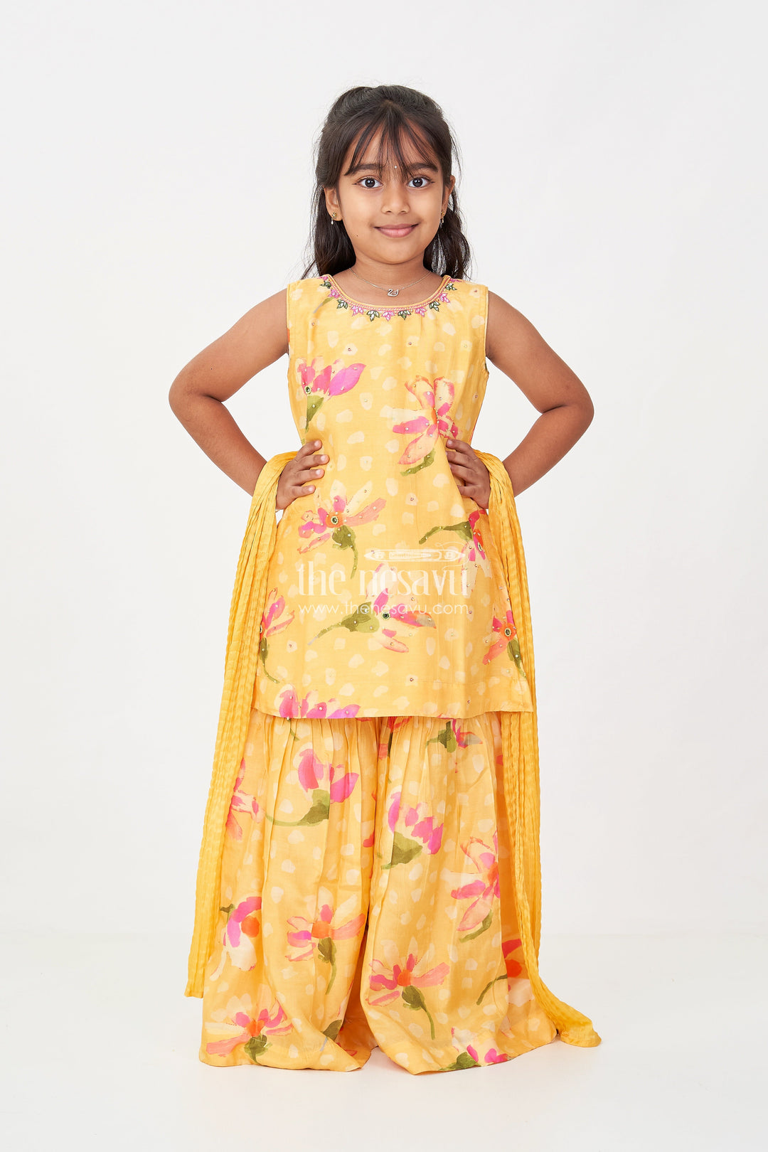 The Nesavu Girls Sharara / Plazo Set Sharara Outfits for Girls in Viscose Silk with Yellow Floral Print and Matching Dupatta Nesavu Nesavu Sharara Outfits for Girls in Yellow Floral Digital Print with Viscose Silk and Dupatta