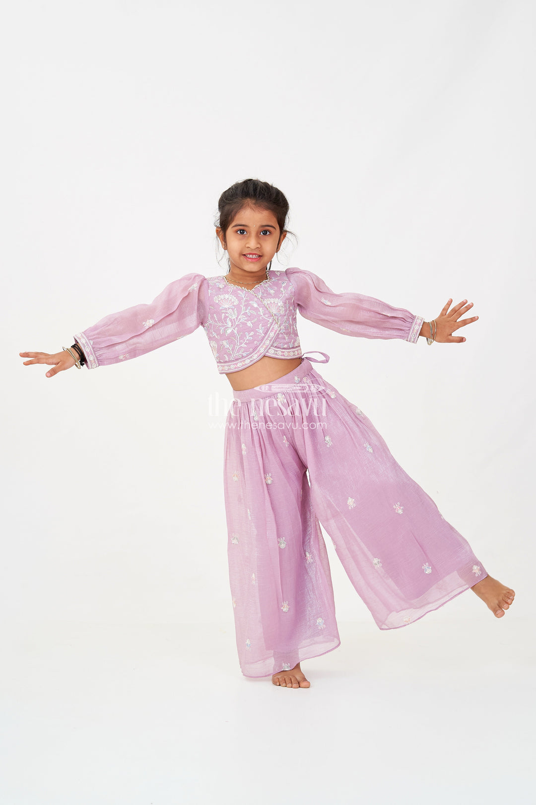 The Nesavu Girls Sharara / Plazo Set Sharara Purple Set for Girls in Organza with Sequence Thread Embroidery and Long Sleeve Top Nesavu 16 (1Y) / Purple GPS600A-16 Nesavu Sharara Purple Organza Set Girls Sequence Embroidered Top Matching Dupatta
