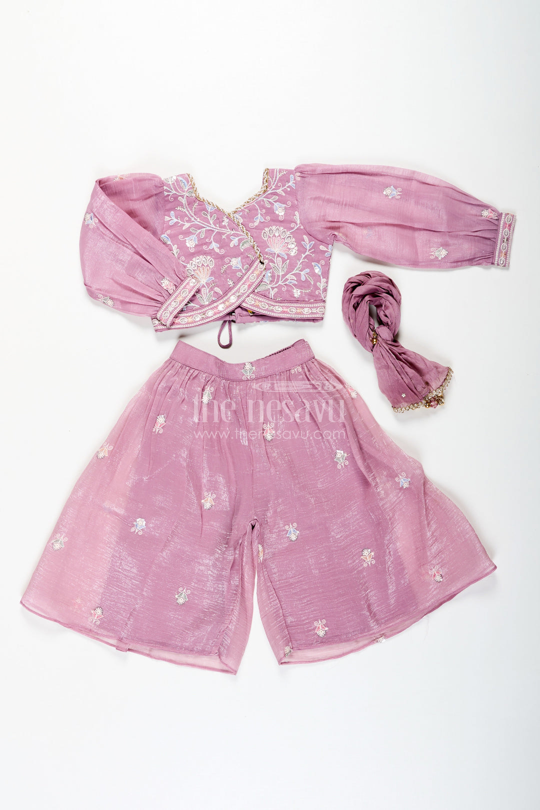 The Nesavu Girls Sharara / Plazo Set Sharara Purple Set for Girls in Organza with Sequence Thread Embroidery and Long Sleeve Top Nesavu Nesavu Sharara Purple Organza Set Girls Sequence Embroidered Top Matching Dupatta