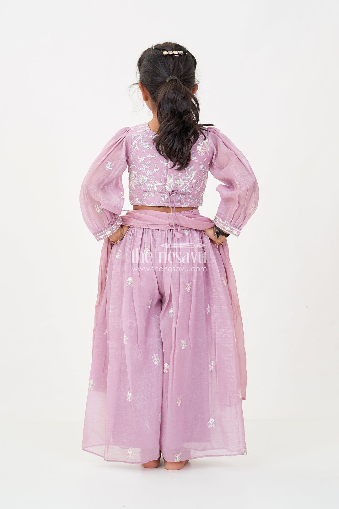 The Nesavu Girls Sharara / Plazo Set Sharara Purple Set for Girls in Organza with Sequence Thread Embroidery and Long Sleeve Top Nesavu Nesavu Sharara Purple Organza Set Girls Sequence Embroidered Top Matching Dupatta